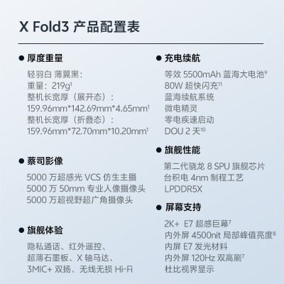 vivo X Fold3 骁龙8 Gen2 16G+256G 轻羽白 薄翼黑